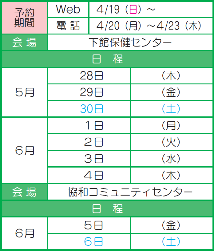 女性検診日程5・6月