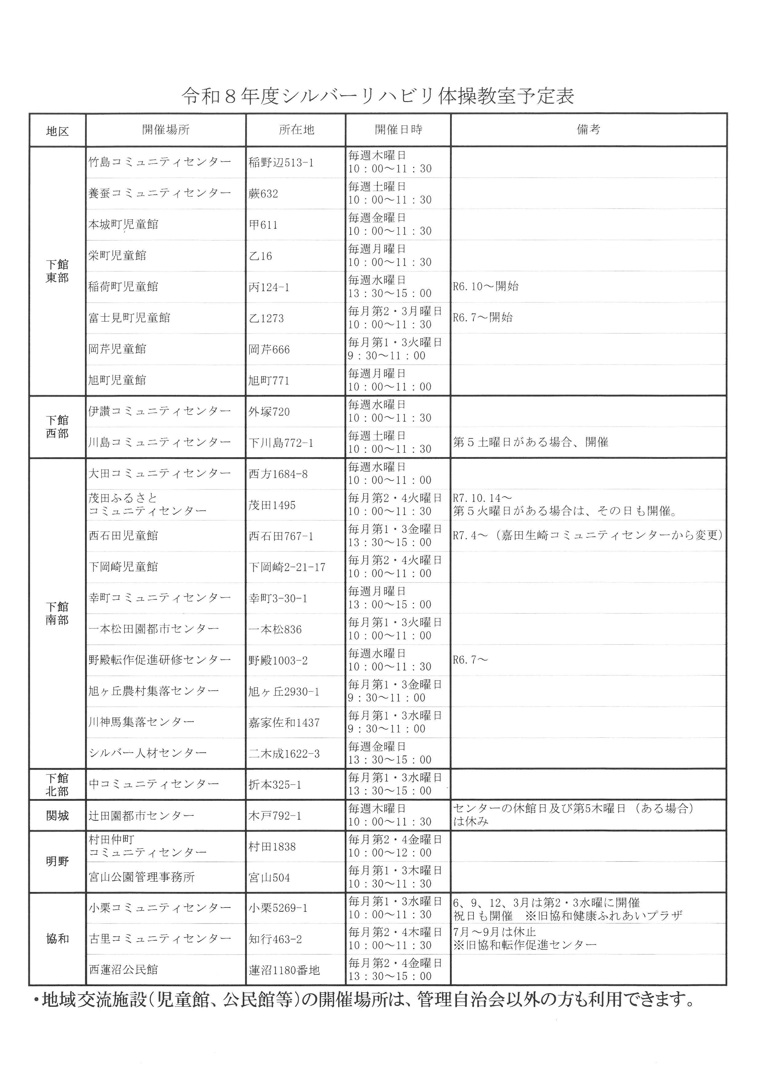 R8シルバーリハビリ体操教室予定表（広報紙掲載以外）